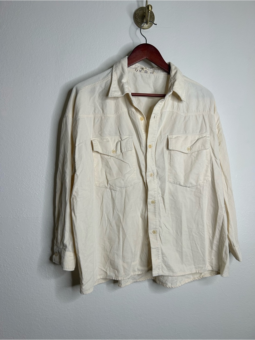 AMO Cream Cotton Corduroy Button Down Long Sleeve Top Size Small Oversized